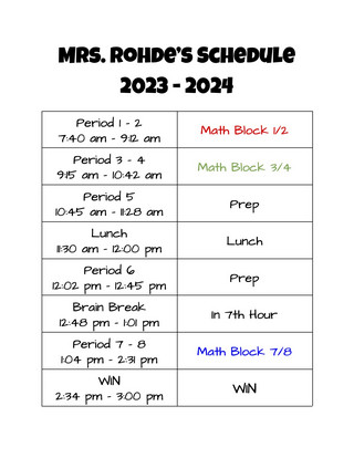 Mrs. Rohde's Schedule 2023-2024