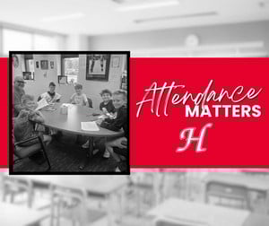 Attendance Matters; Picture of principal with group of students in school.