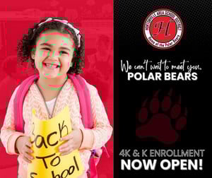 4K Student with Back to School sign and note that says "We can't wait to meet you, Polar Bears"