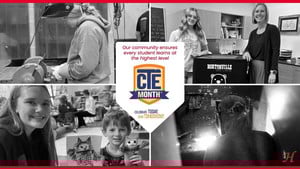 CTE Month banner with four pictures of HHS CTE students showcasing their fields of study